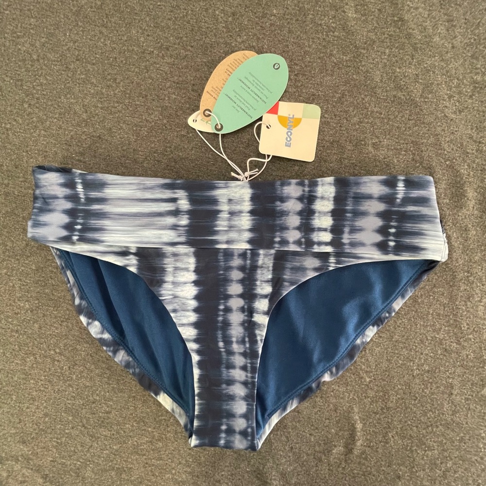 prAna‎ Blue White Tie Dye Bikini Bottoms XS Recycled Nylon Wide Waistband NWT